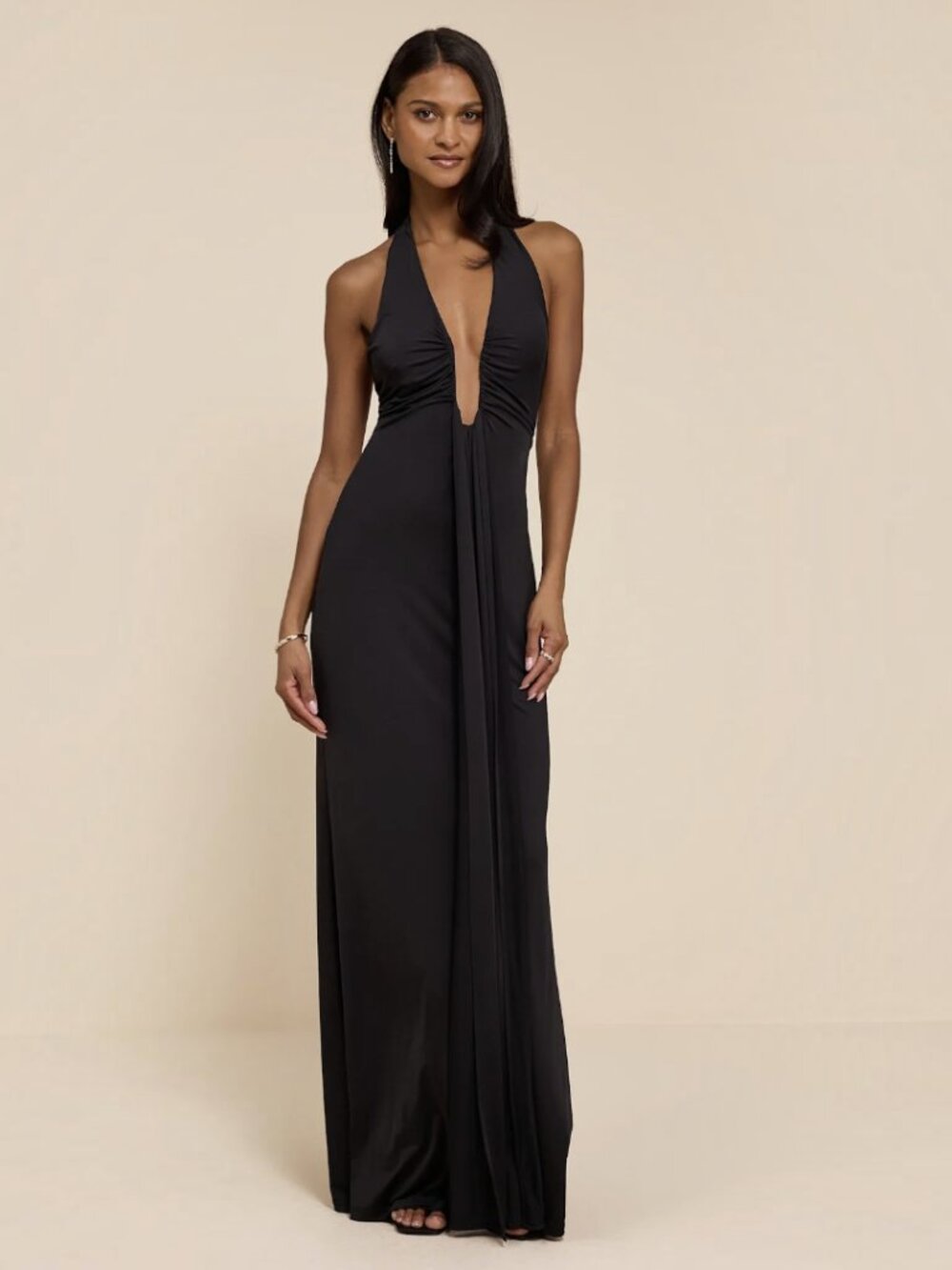 Lulus Dorena Black Jersey Knit Halter Sash Maxi Dress NWT - Picture 1 of 8